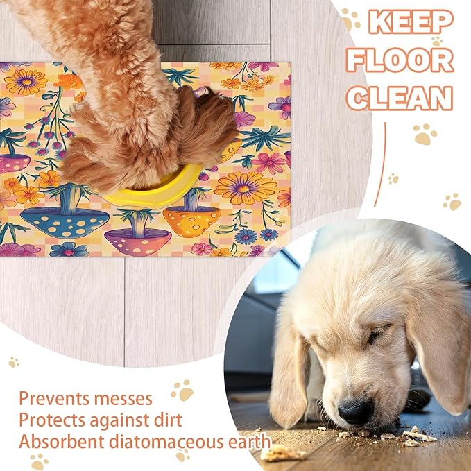 Boho Mushroom Dog Food Mat for Floors Absorbent Dog Bowl Mat for Food and Water Dispenser Quick Dry Cat Food Placemat Pet Supplies 12" x 20", Floral