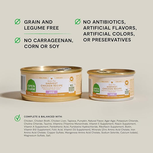 Open Farm Canned Cat Food, Pate for Complete & Balanced Nutrition, Grain Free and Legume-Free Wet Cat Food, Harvest Chicken Recipe, 5.3oz Cans (Case of 12)