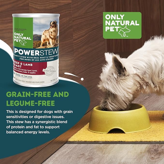 Only Natural Pet PowerStew Beef & Lamb Feast Wet Dog Food - Legume and Grain-Free, Savory Hydrating Broth w/Real Meat & Vegetables - Complete Vital Health for All Breeds - 12.5 oz Cans, Pack of 6 (B)