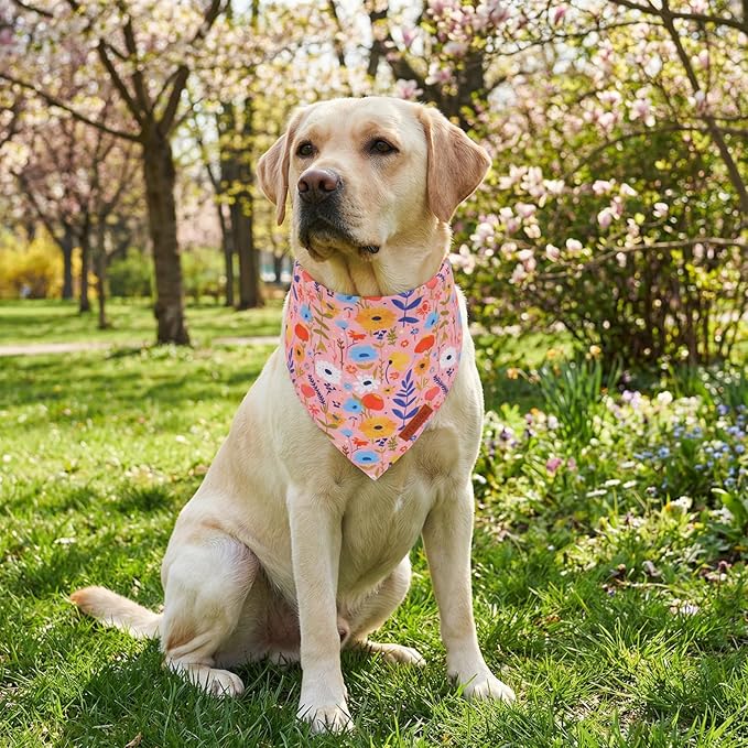 PTDECOR Spring Floral Dog Bandana, Pink Flower Pet Scarf, Premium Durable Fabric, Adjustable Cute Flower Bandanas for Extra Large Dogs (X-Large)