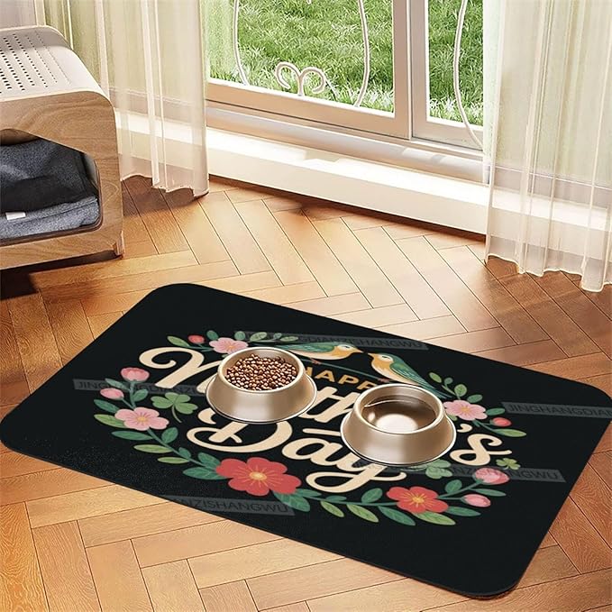 Dog Food Mats for Floors Happy Mother's Day Floral Gift Mom Ey Absorbent Pet Cat Food Mat Quick Dry Dog Bowl Mats for Water Pet Supplies 24x16In