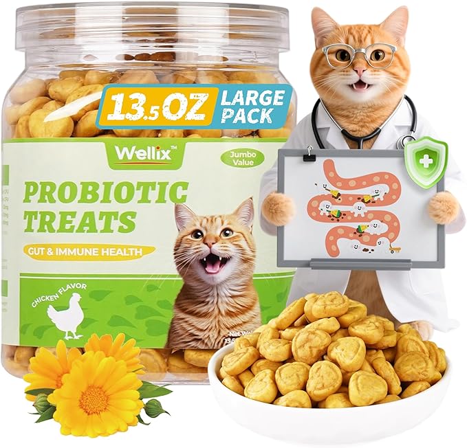 Wellix 13.5oz Probiotic Health Supplement Cat Treats for Indoor Cats - Chicken Flavor Kitten Snacks for Gut+Immune Health - Add Fos & Inulin Cat Training Biscuits