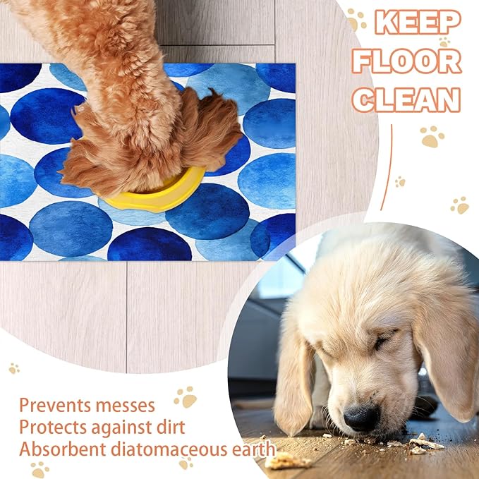 Polka Dot Dog Food Mat for Floors Absorbent Dog Bowl Mat for Food and Water Dispenser Quick Dry Cat Food Placemat Pet Supplies 16" x 24", Blue