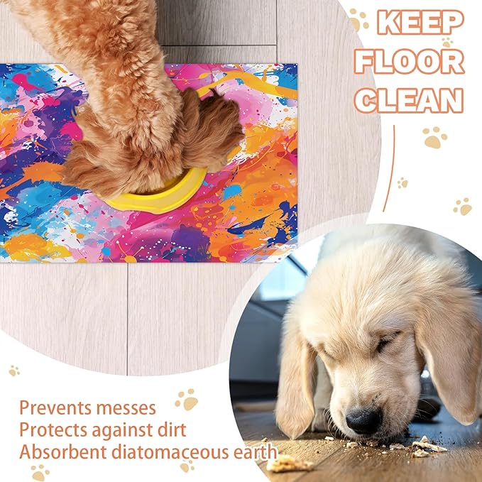 Colorful Graffiti Dog Food Mat for Floors Absorbent Dog Bowl Mat for Food and Water Dispenser Quick Dry Cat Food Placemat Pet Supplies 24" x 32", Funny Cool