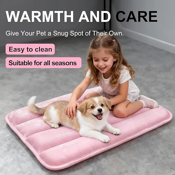 Dog Bed Mat, Reversible Dog Crate Pad with Washable Kennel Mat and Soft Foam, Flat Pet Bed for Dogs & Cats, for Crates Carriers & Travel (Pink, 23" L*14" W*1.5" Th)