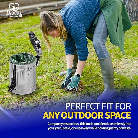 Pet Fit For Life - Steel Trash Can with Lid, Steel Galvanized Trash Can, Step Foot Pedal, Plastic Inner Lining, Custom Liner Bags, Weather-Resistant Outdoor Bin for Yard, 16" Tall, 5L/1.3 Gallons
