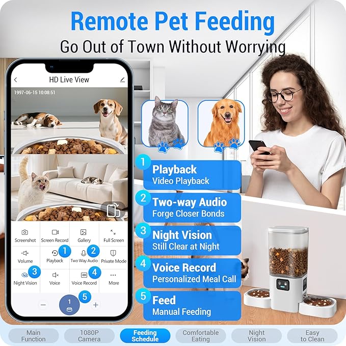 Dual Automatic Cat Feeder with Camera for 2 Cats: 5G WiFi Automatic Dog Feeder with Night Vision, 7L Auto Cat Food Dispenser with Two Camera for Multiple Pet, Easy to Clean-29 Cup(ACF180W-A)