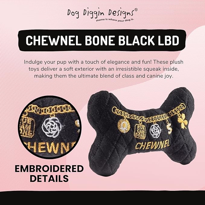 Dog Diggin Designs Chewnel “LBD” Plush Dog Toy Bone | Luxury-Inspired Parody Designer Bone with Squeaker, Soft Plush Chew & Play Dog Toy – Prêt-à-Porter Play