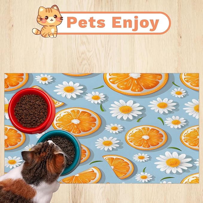 Orange Fruits Dog Food Mat for Floors Absorbent Dog Bowl Mat for Food and Water Dispenser Quick Dry Cat Food Placemat Pet Supplies 24" x 32", Daisy Flowers