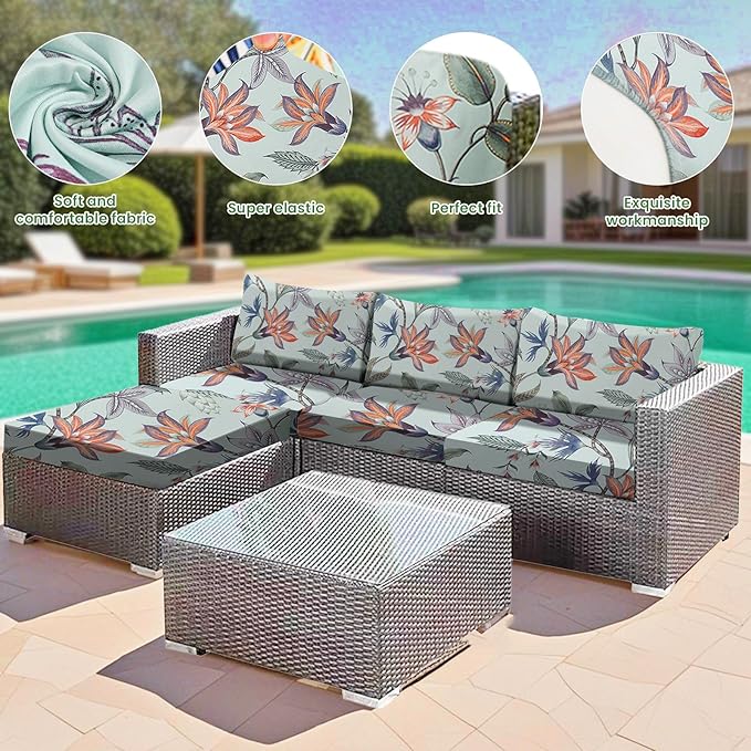 HANDONTIME 8Pcs Outdoor Patio Cushion Covers Boho Floral Stretch Couch Cushion Cover Chic Patio Couch Slipcover for Outdoor/Indoor Washable Non-Slip Furniture Protector for Pet (Blue, Cover Only)
