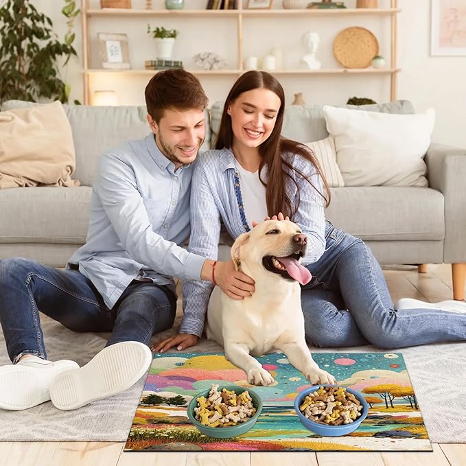 Boho Forest Dog Food Mat for Floors Absorbent, Quick Dry Water Dispenser Mat for Food, Water, Pet Supplies 17" x 30", Colorful Cloud