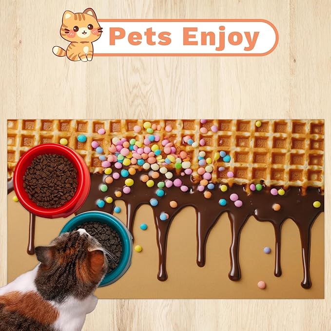 Ice Cream Dog Food Mat for Floors Absorbent Dog Bowl Mat for Food and Water Dispenser Quick Dry Cat Food Placemat Pet Supplies 17" x 30", Chocolate Dessert