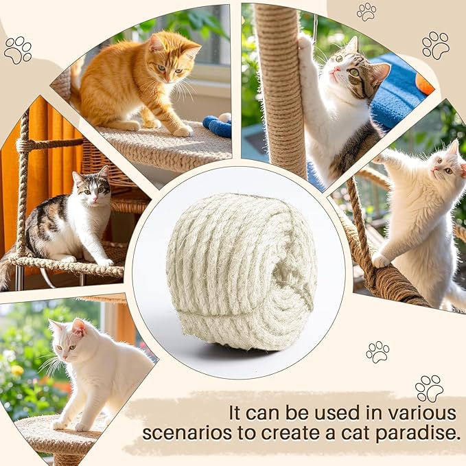 Sisal Rope for Cat Scratcher 1/4" 50 Ft Cat Tree Twine for Repairing Cat Scratching Post Replacement DIY Hemp Rope for Carpet Mat, Pet, and Crafts Gardening Home Decorating