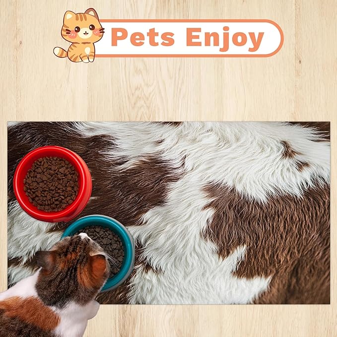 Cow Print Dog Food Mat for Floors Absorbent Dog Bowl Mat for Food and Water Dispenser Quick Dry Cat Food Placemat Pet Supplies 17" x 30", Brown Skin
