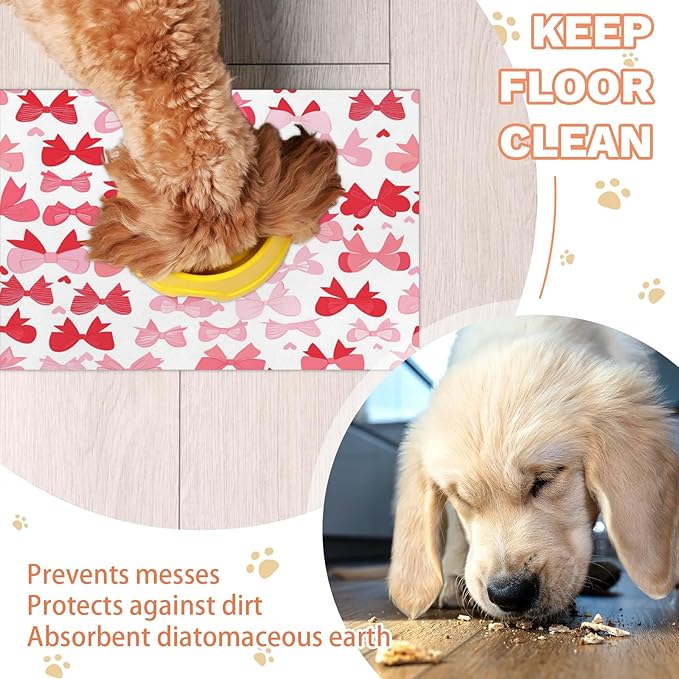 Bow Dog Food Mat for Floors Absorbent, Quick Dry Water Dispenser Mat for Food, Water, Pet Supplies 12" x 20", Cute Bowknot