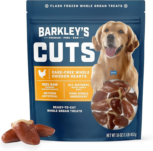 Barkley’s Cuts, Frozen Raw Whole Chicken Hearts Dog Treats, Single Ingredient, Flash Frozen, High Protein Training Treats and Food Toppers for Puppies and Dogs, Human Grade Ingredients, 16 Oz Bag