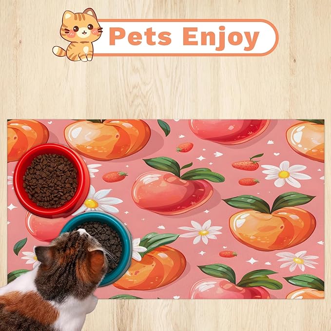 Peaches Dog Food Mat for Floors Absorbent Dog Bowl Mat for Food and Water Dispenser Quick Dry Cat Food Placemat Pet Supplies 16" x 24", Daisy Flowers