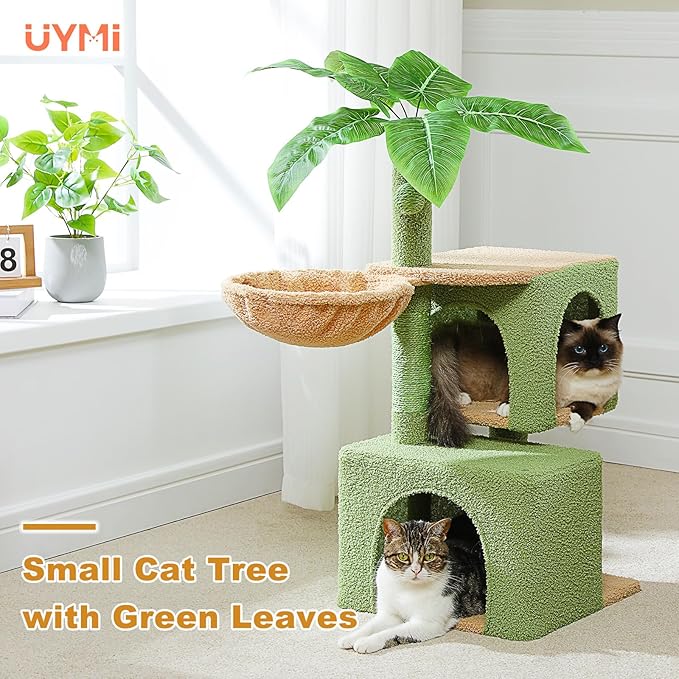 Green Cat Tree for Indoor Cats, 43" Small Cat Tower with Realistic Leaves, Scratching Posts, Dual Condos and Cozy Hammocks, Kitten Activity Center with Dangling Ball