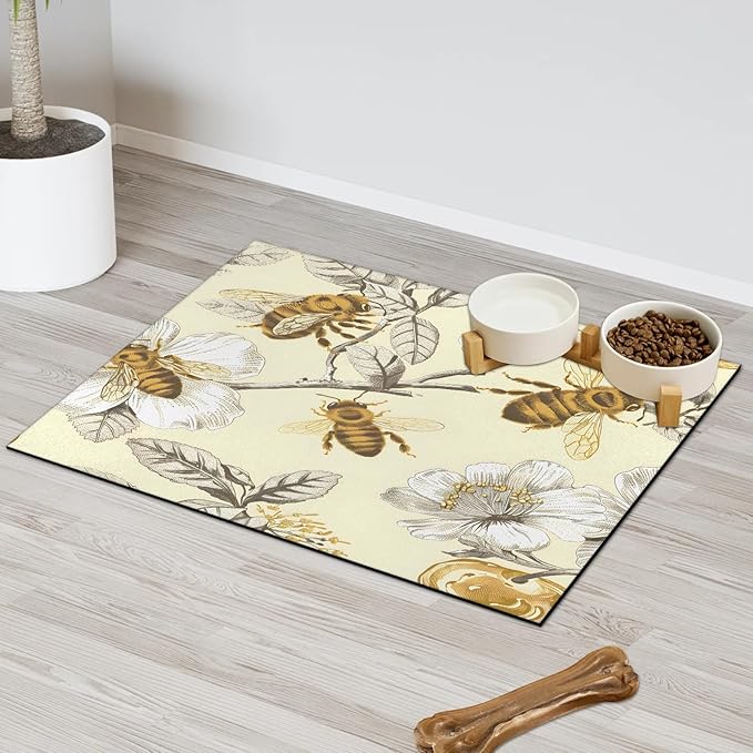 Vintage Bee Dog Food Mat for Floors Absorbent, Quick Dry Water Dispenser Mat for Food, Water, Pet Supplies 24" x 32", Spring Flower