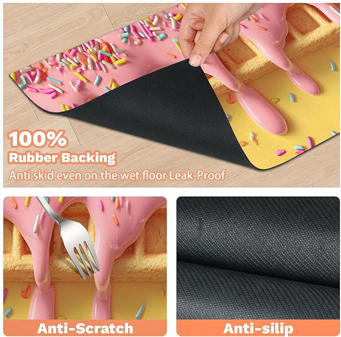 Ice Cream Dog Food Mat for Floors Absorbent Dog Bowl Mat for Food and Water Dispenser Quick Dry Cat Food Placemat Pet Supplies 17" x 30", Cute Waffle