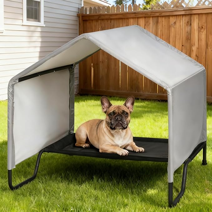 42" Large Outdoor Dog House for All Breeds Dogs, Waterproof & Snowproof 600D Oxford Dog House Featuring Elevated Dogs Bed, Pet Canopy Tent for Doggie, Cats, Small Animals, Grey