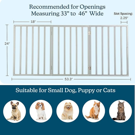 Pet Gate - 3-Panel Indoor Foldable Dog Fence for Stairs, Hallways, or Doorways - 54x24-Inch Retractable Wood Freestanding Dog Gates by PETMAKER (Gray)