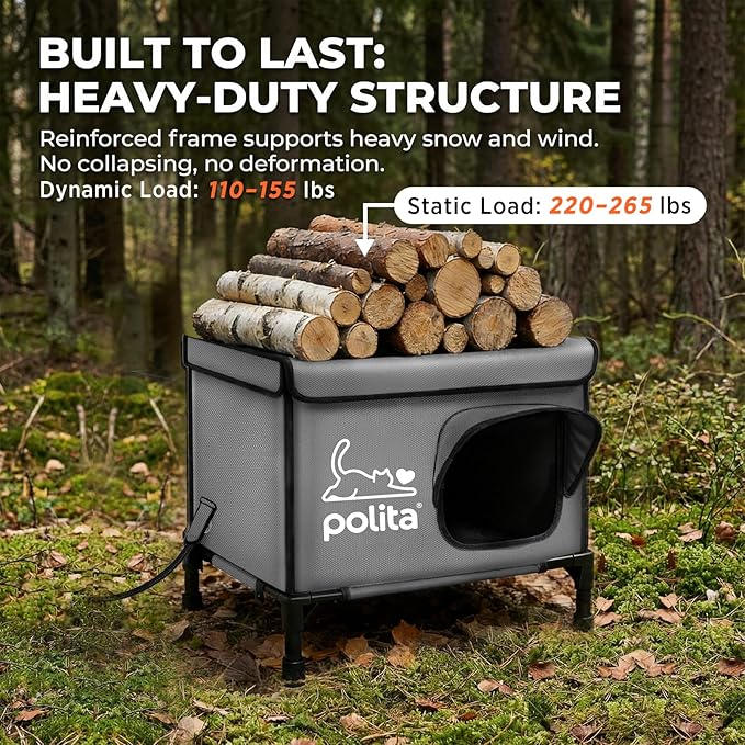 Polita Indestructible Heated Cat House for Outdoor Cats All Seasons, Extremely Insulated & 100% Weatherproof, Elevated Feral Cat Shelter with Waterproof Eaves &Safe Escape Door for Stray & Barn Cats