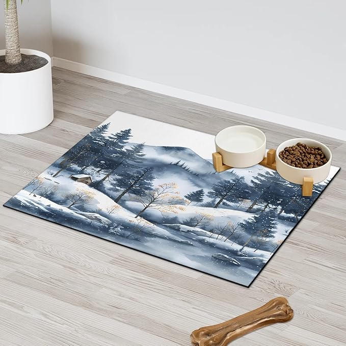 Rustic Villages Dog Food Mat for Floors Absorbent, Quick Dry Water Dispenser Mat for Food, Water, Pet Supplies 16" x 24", Winter Snowflake
