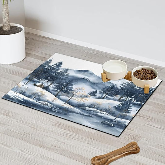 Rustic Villages Dog Food Mat for Floors Absorbent, Quick Dry Water Dispenser Mat for Food, Water, Pet Supplies 16" x 24", Winter Snowflake