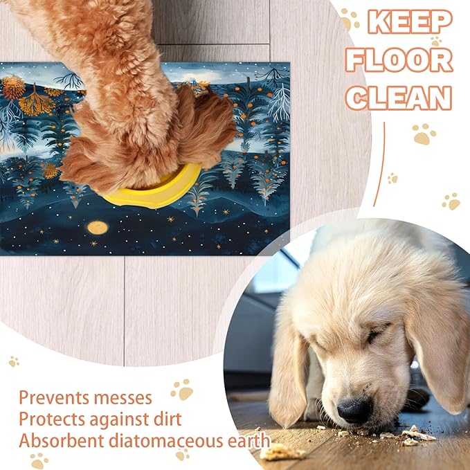 Forest Hills Dog Food Mat for Floors Absorbent, Quick Dry Water Dispenser Mat for Food, Water, Pet Supplies 12" x 20", Tree