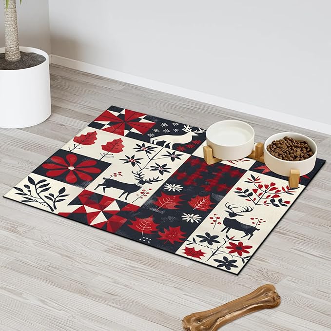 Xmas Deer Dog Food Mat for Floors Absorbent, Quick Dry Water Dispenser Mat for Food, Water, Pet Supplies 16" x 24", Christmas Tree