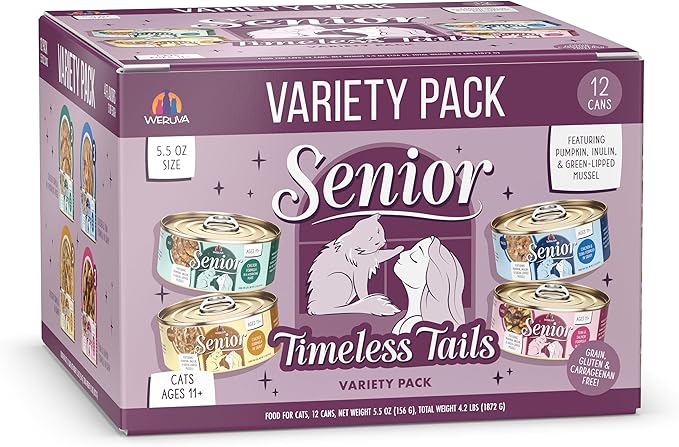 Weruva Senior Cat Food, Timeless Tails Variety Pack, 5.5oz Can, Pack of 12
