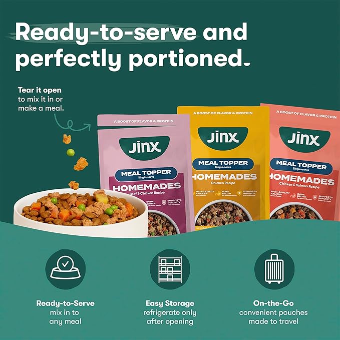 Jinx Wet Dog Food Toppers, Variety Pack - Mix with Dry Dog Food, Made with Real Chicken, Beef, Salmon, No Fillers, Puppy, Adult, Senior, 3oz, 18 Pack
