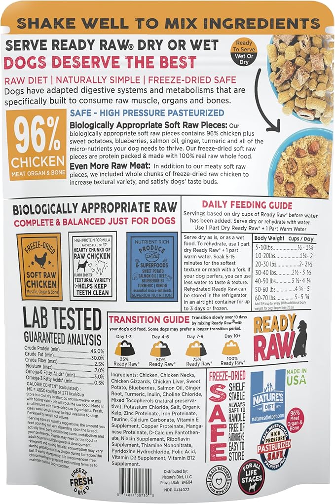 Nature's Diet Ready Raw : Freeze-Dried Raw Dog Food, Chicken, Human Grade, High Pressure Pasteurized (HPP), 96% Meat, Organ, Bone, Safe & Natural, Dry or Wet Feeding