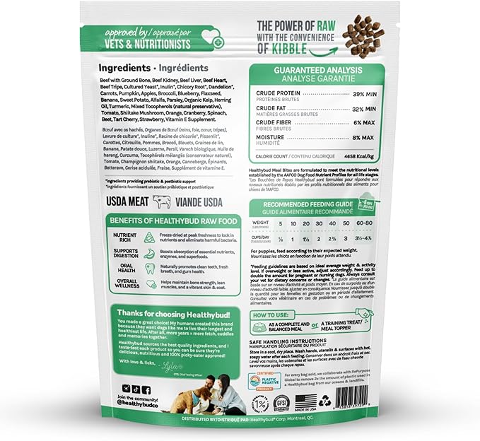 healthybud Raw Dog Food, Freeze Dried Beef Bites, Grain Free Puppy Food, Human Grade, High Protein, Dehydrated Real Meat Dog Treats & Toppers, 14.1 oz