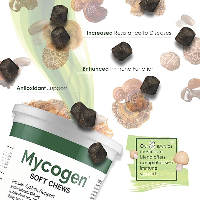 Mycogen Immune Support for Dogs – Beta Glucan, Reishi, Shiitake & Maitake Mushroom Blend – Helps Boost Immunity & Defend Against Illness – Vet-Formulated – 60 Tasty Liver-Flavored Soft Chews