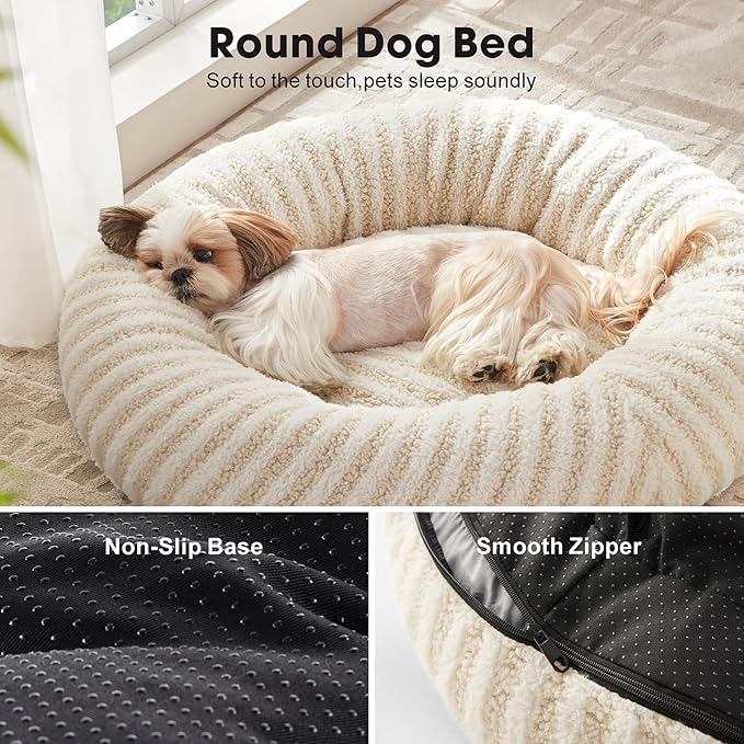 MIXJOY Dog Beds for Small Dogs, Washable Dog Bed with Removable Cover, Small Cat Bed for Indoor Cats, Calming Soft Dount Pet Beds with Anti Slip Bottom, Cute Puppy Beds, 23"x23"x8", White