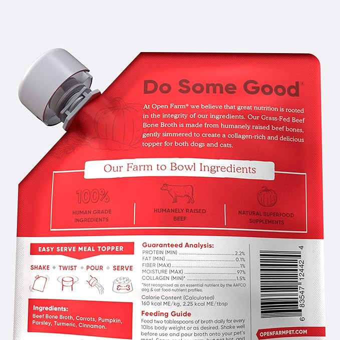 Open Farm Bone Broth, Food Topper for Both Dogs and Cats with Responsibly Sourced Meat and Superfoods Without Artificial Flavors or Preservatives, 12oz (Grass-Fed Beef)
