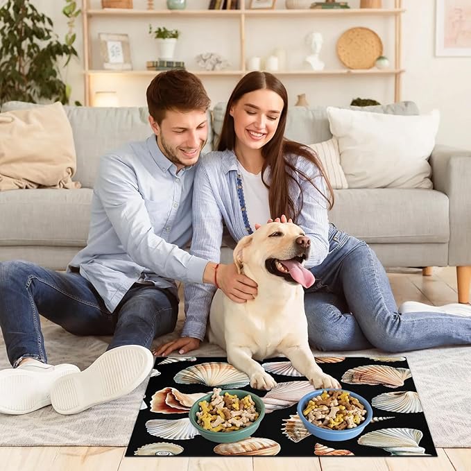 Sea Shell Dog Food Mat for Floors Absorbent Dog Bowl Mat for Food and Water Dispenser Quick Dry Cat Food Placemat Pet Supplies 16" x 24", Beach Conch