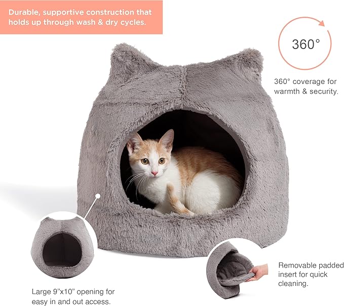 Best Friends by Sheri Meow Hut in Fur Cover Dome Cat and Dog Bed, Gray, Small (Pack of 2)