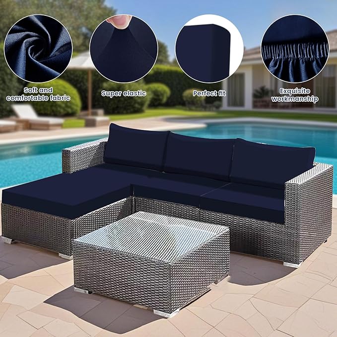 HANDONTIME 8Pcs Patio Cushion Covers Stretch Outdoor Couch Cover Replacement Cushions for Outdoor Furniture Waterproof Patio Furniture Cover for Pets Sofa Covers Washable (Navy,Cover Only)