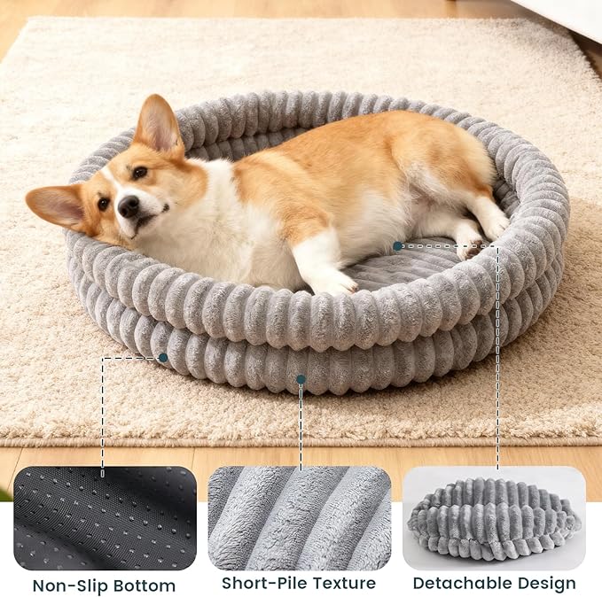 Donut Pet Bed for Cats & Small Dogs, Fluffy Warm Round Bed, Machine Washable with Anti-Slip Bottom, Indoor Use, Gray, 28"x28"x5"