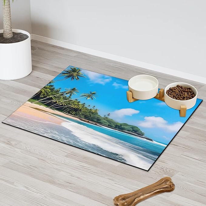 Tropical Beach Dog Food Mat for Floors Absorbent, Quick Dry Water Dispenser Mat for Food, Water, Pet Supplies 16" x 24", Palm Tree