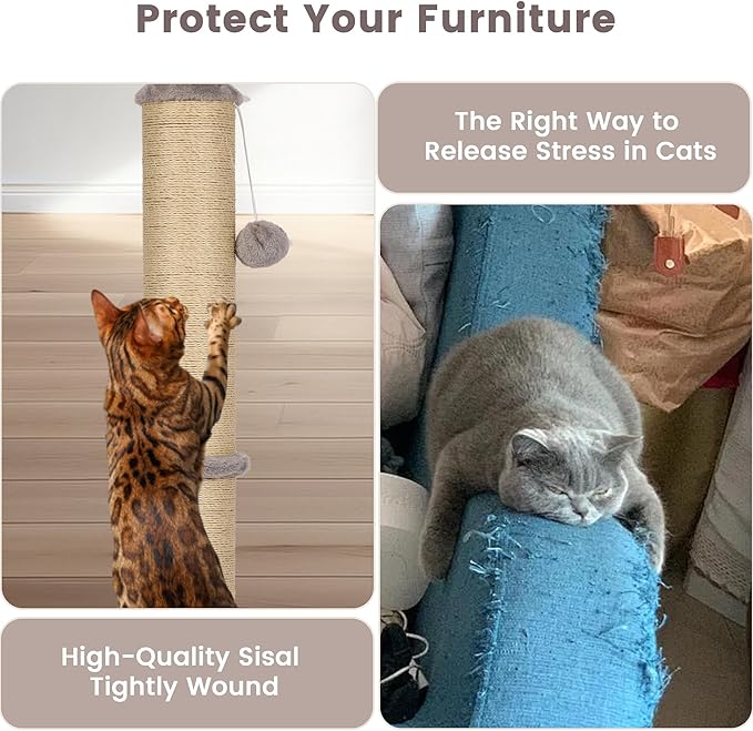 33" Tall Cat Scratching Post, 3-in-1 Durable Sisal Vertical Cat Scratcher Post with Hanging Ball, Soft Fabric Stable Base Cat Scratch Pole for Indoor Cats at All Ages, Light Gray