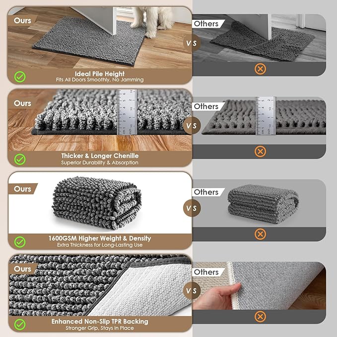 EHEYCIGA Super Absorbent Dog Door Mat for Muddy Paws 24x16 Inch Indoor, Front Doormat Outside Entrance, Quick Dry Chenille Washable Dog Crate Bed, Non-Slip Pet Rug Mud Mat Outdoor Entryway, Grey