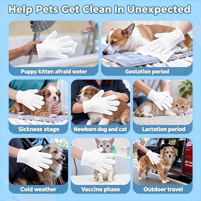 Thickened Pet Bath Glove Wipes, No-Rinse Deodorizing Wipes for Dogs & Cats, Hypoallergenic & Fragrance-Free, Waterless Full-Body Cleaning for Daily Care & Travel, 3 Pack, 18PCS