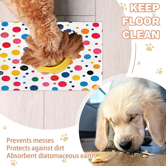 Polka Dot Dog Food Mat for Floors Absorbent Dog Bowl Mat for Food and Water Dispenser Quick Dry Cat Food Placemat Pet Supplies 12" x 20", Colorful Circle