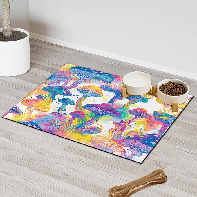Mushroom Dog Food Mat for Floors Absorbent Dog Bowl Mat for Food and Water Dispenser Quick Dry Cat Food Placemat Pet Supplies 12" x 20", Watercolor Plant