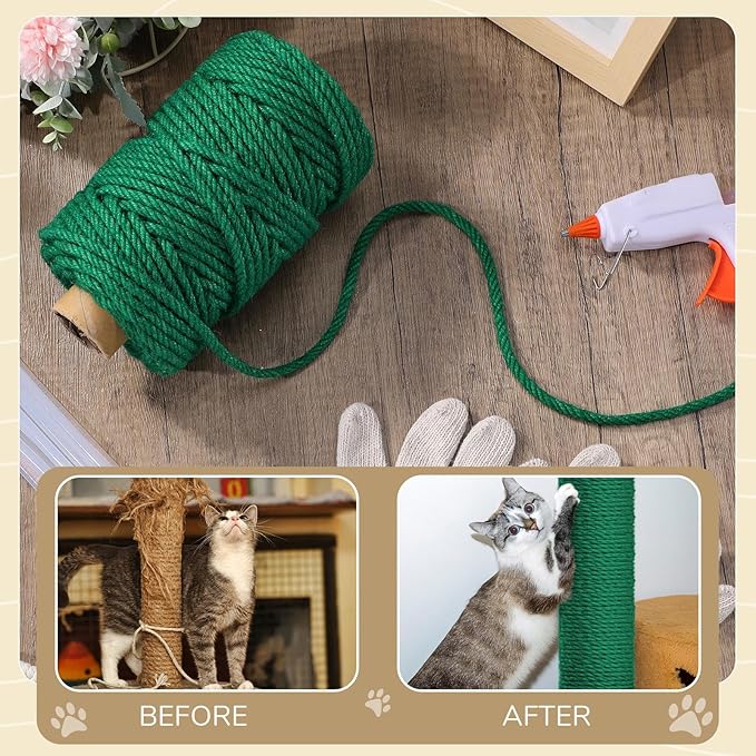 1/4inch ×164Ft Natural Cat Tree Hemp Rope, DIY Repair and Replace Scratching Post Sisal Rope for Scratching Post Cat Tree Tower DIY(Green)
