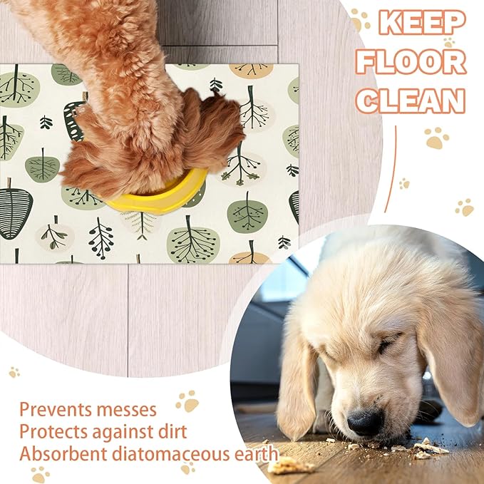 Cute Tree Dog Food Mat for Floors Absorbent, Quick Dry Water Dispenser Mat for Food, Water, Pet Supplies 16" x 24", Green Plant
